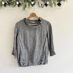 Poetry Grey 100% Linen Round Soft Collar Top Lagenlook Quiet Luxury II612